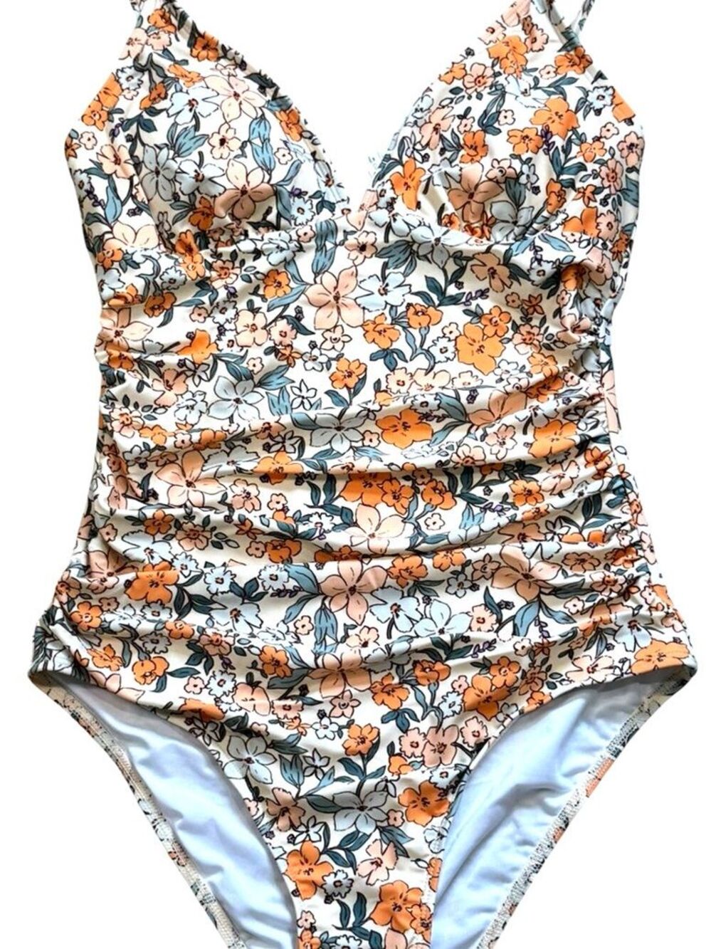 NWT Cupshe Sz M Yellow Floral Ruched Tummy Control One Piece Swimsuit V-Neck